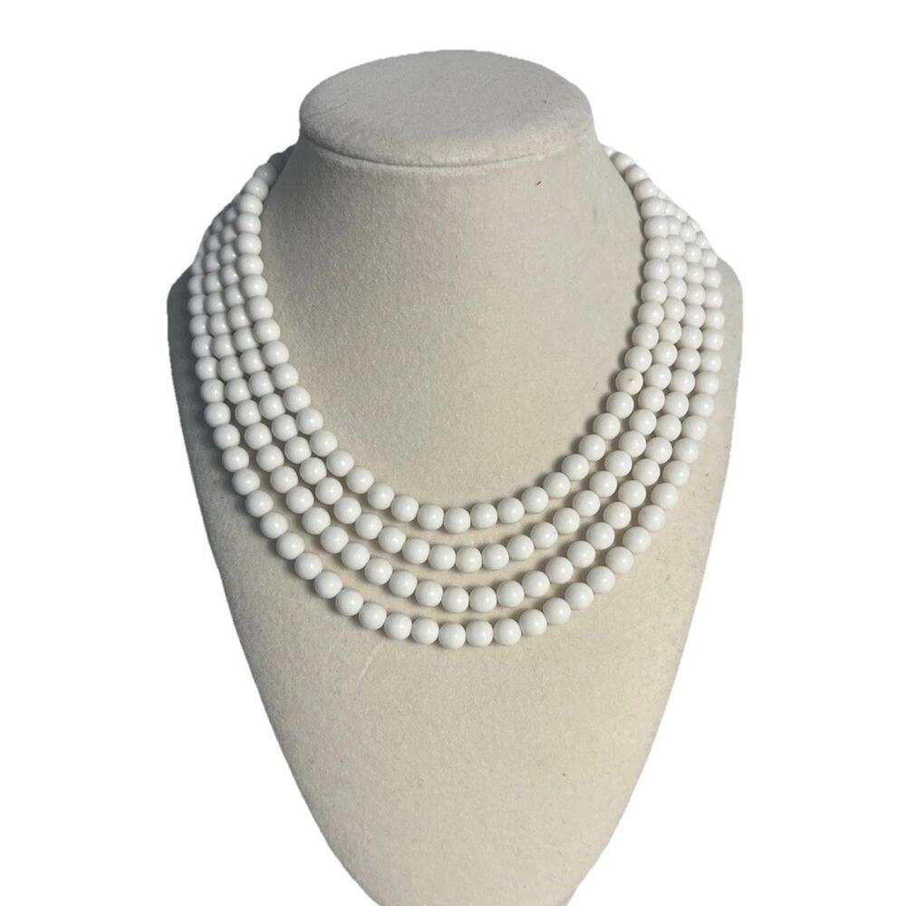 Vintage Japan White Beaded Necklace 4 Strand 17” Mid Century Classic Chic